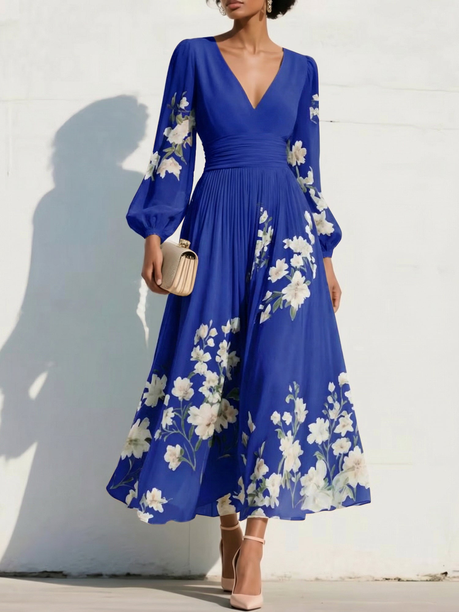 Elegant Floral V-Neck Pleated Midi Dress with Long Sleeves