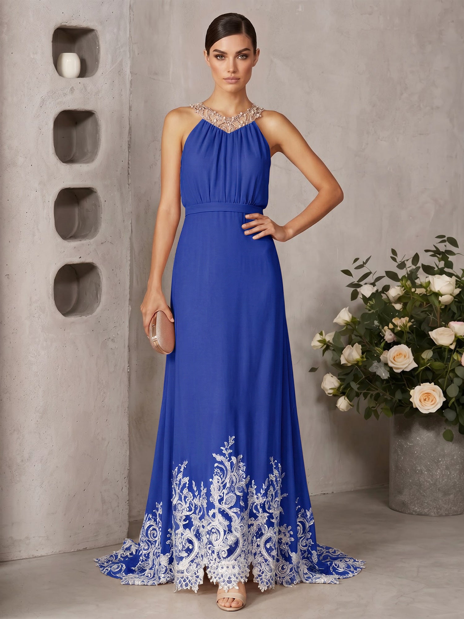 Pink Beaded Ruched Chiffon Halter Sleeveless A-Line Gown Maxi Dress