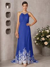 Pink Beaded Ruched Chiffon Halter Sleeveless A-Line Gown Maxi Dress