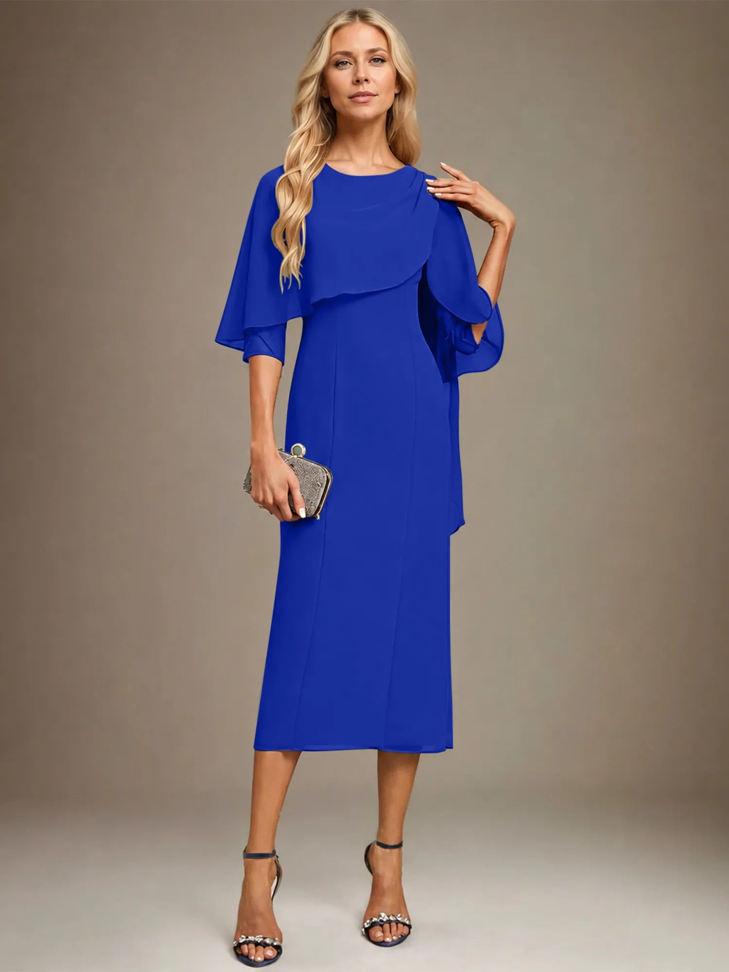 Column Scoop Tea Length Chiffon Dress With Pleated Beading