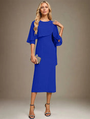 Sheath/Column Scoop Tea Length Chiffon Dress With Pleated Beading