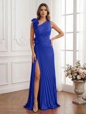 Olive Green Pleated One-Shoulder Prom Dress with 3D Rosettes