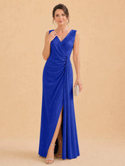 V-Neck Faux-Wrap Evening Gown with Side Draping Mother of The Bride Dresses