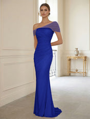 Sophisticated Blush Pink Asymmetrical Ruched Maxi Dress Evening Gown