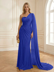 Sage Green One Shoulder Beaded Evening Gown with Cape Sleeve