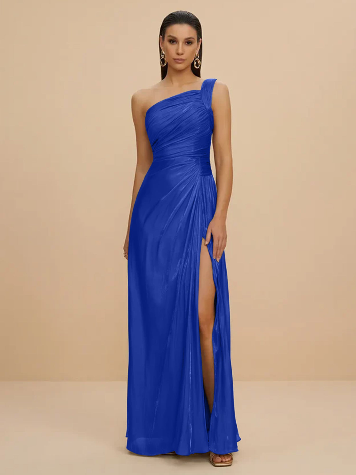 Forma Dress One Shoulder Metallic Pleated Evening Gown with High Slit