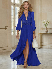 Elegant Beige Chiffon V-neck With Rhinestone Embellishments And A Side Slit Maxi Dress