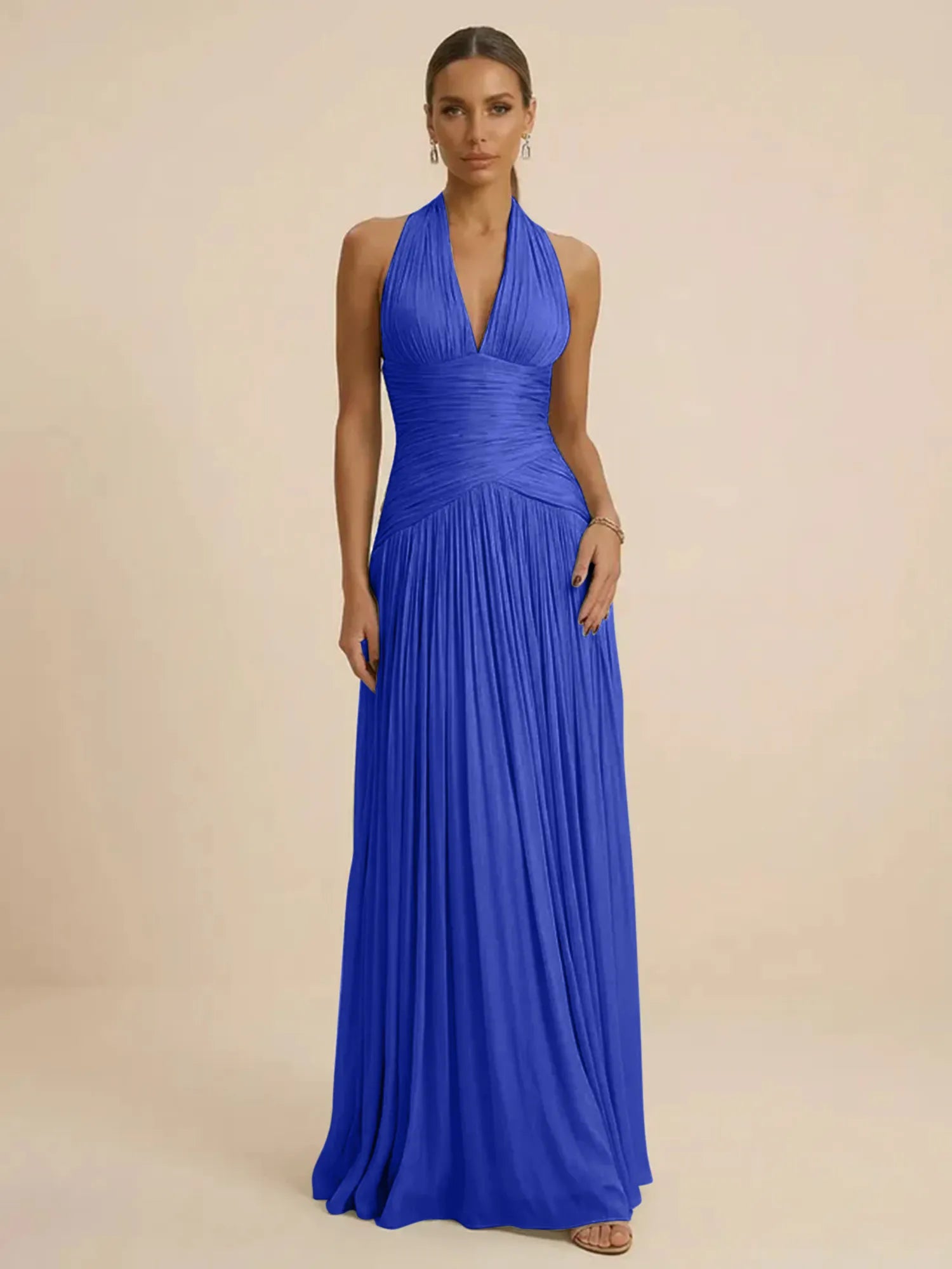 Sage Green Halter Neck Pleated Chiffon Evening Gown with Ruched