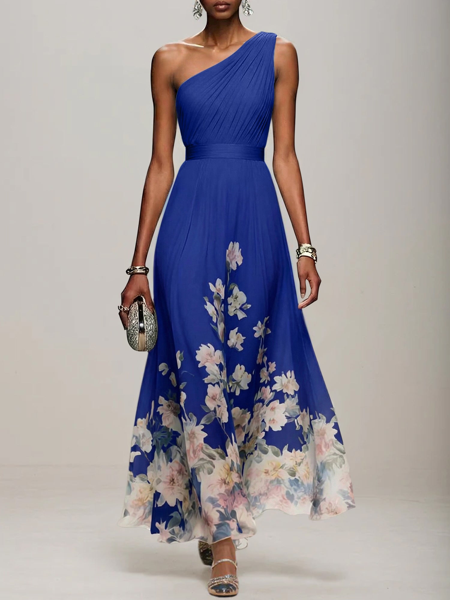 Light Blue Floral Chiffon One Shoulder Sleeveless A-Line Maxi Dress Gown