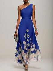 Light Blue Floral Chiffon One Shoulder Sleeveless A-Line Maxi Dress Gown