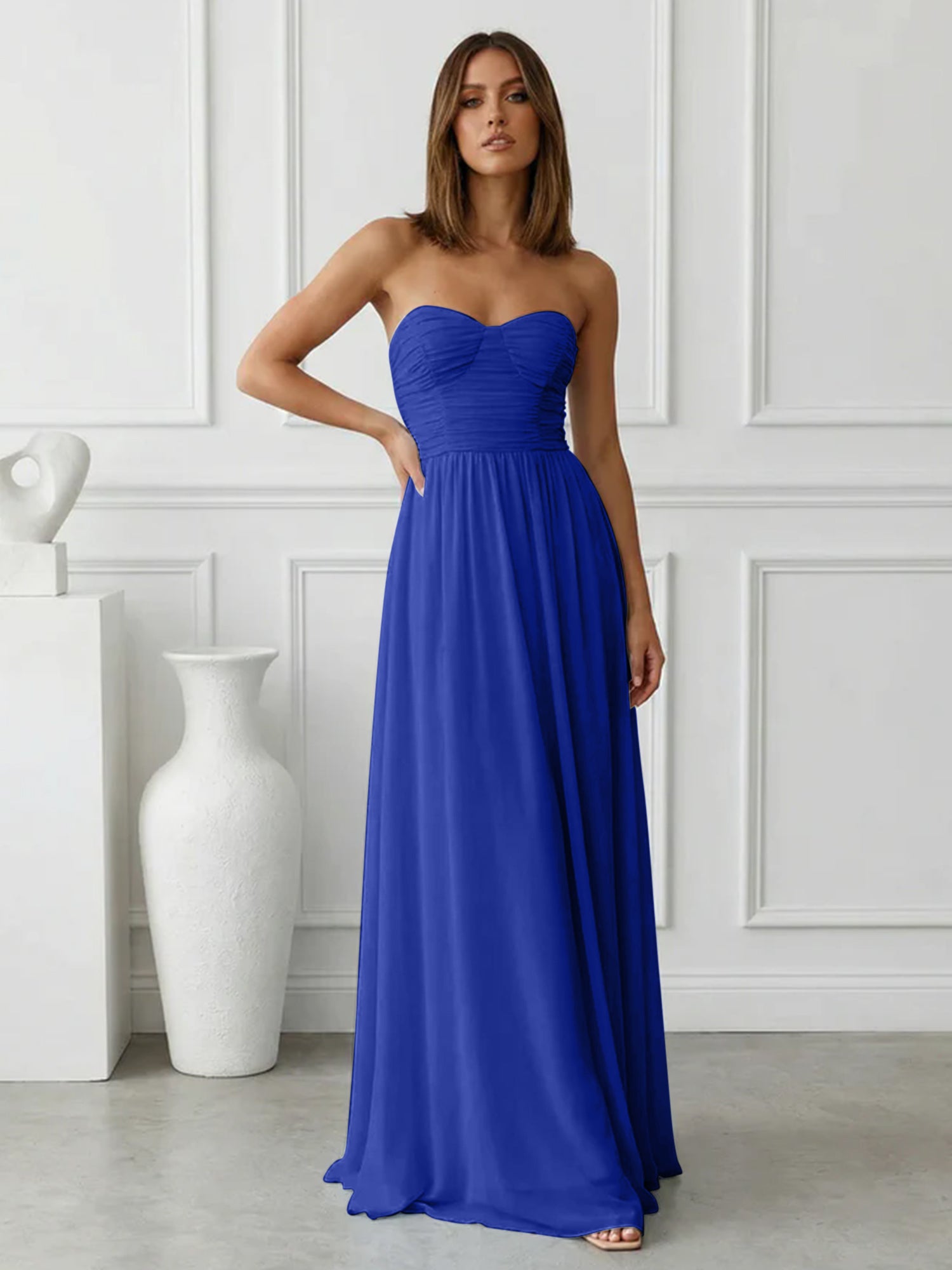 Light Blue Sweetheart Chiffon A Line Maxi Dress with Pleat
