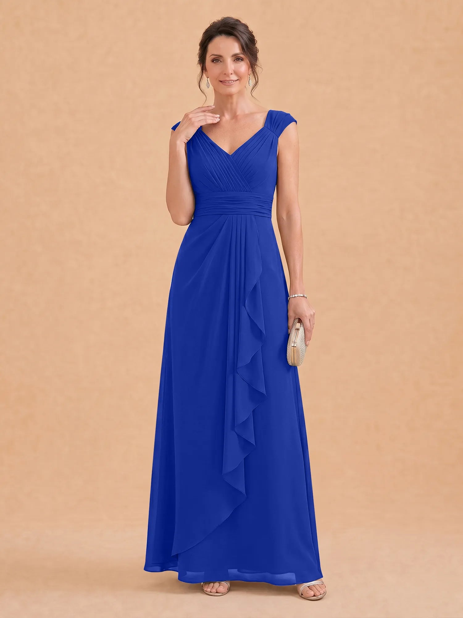V-Neck Ruched Chiffon A-Line Mother of the Bride Dress with Cascading Ruffle
