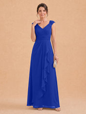 V-Neck Ruched Chiffon A-Line Mother of the Bride Dress with Cascading Ruffle