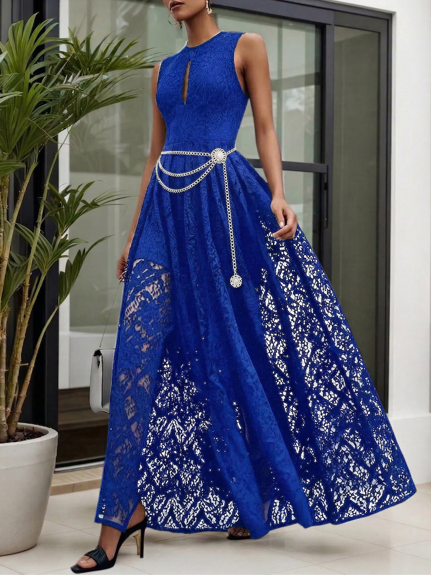 Midnight Black Lace Hollow Out Crew Neck Sleeveless A-Line Maxi Dress