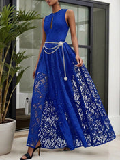 Midnight Black Lace Hollow Out Crew Neck Sleeveless A-Line Maxi Dress