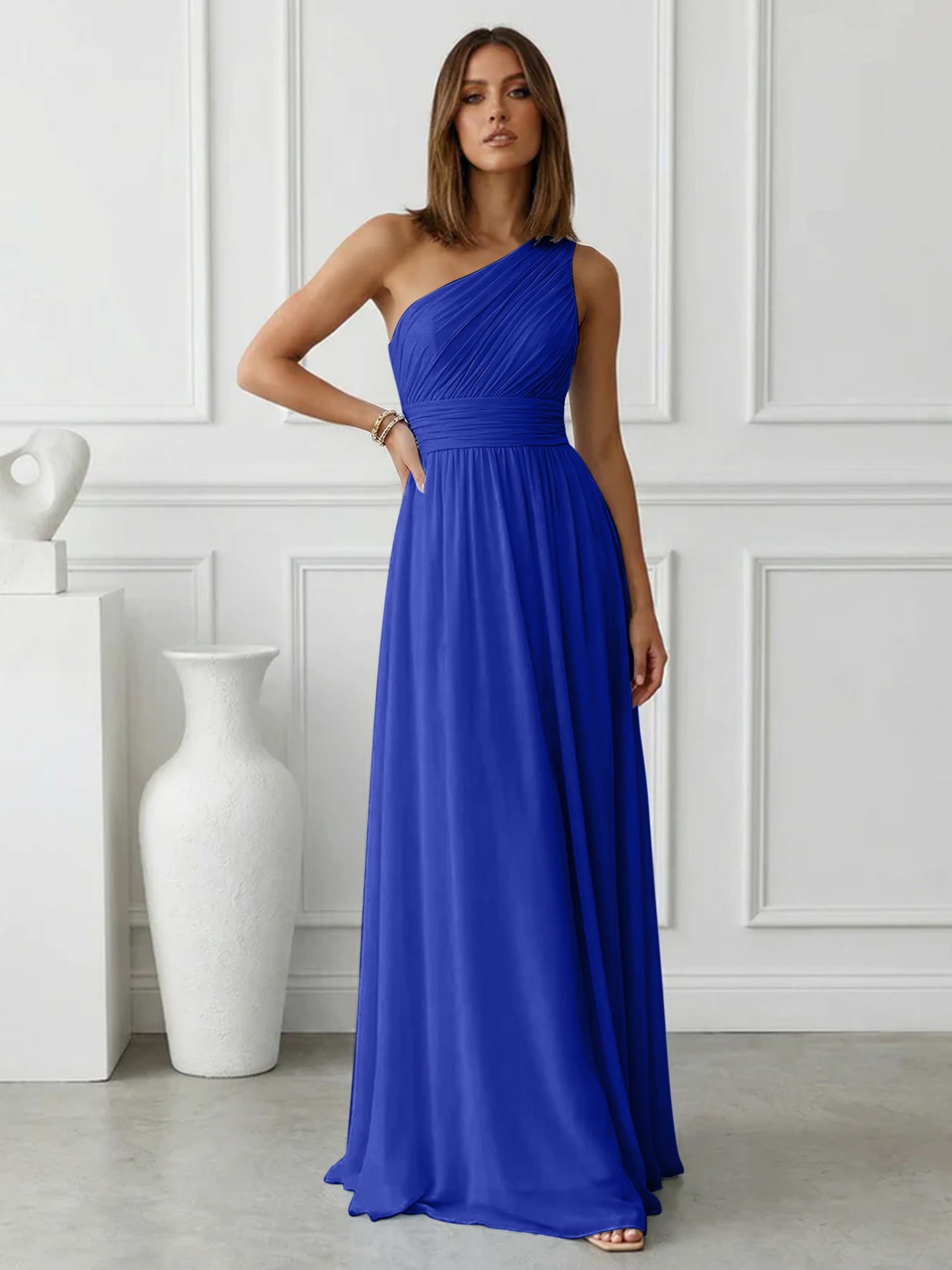 Timeless Light Blue One-Shoulder Maxi Dress Ruched Chiffon Gown