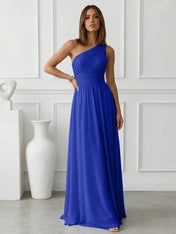Timeless Light Blue One-Shoulder Maxi Dress Ruched Chiffon Gown