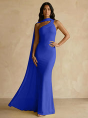 Yellow One-Shoulder Crepe Sheath Gown with Flowing Chiffon Cape Train