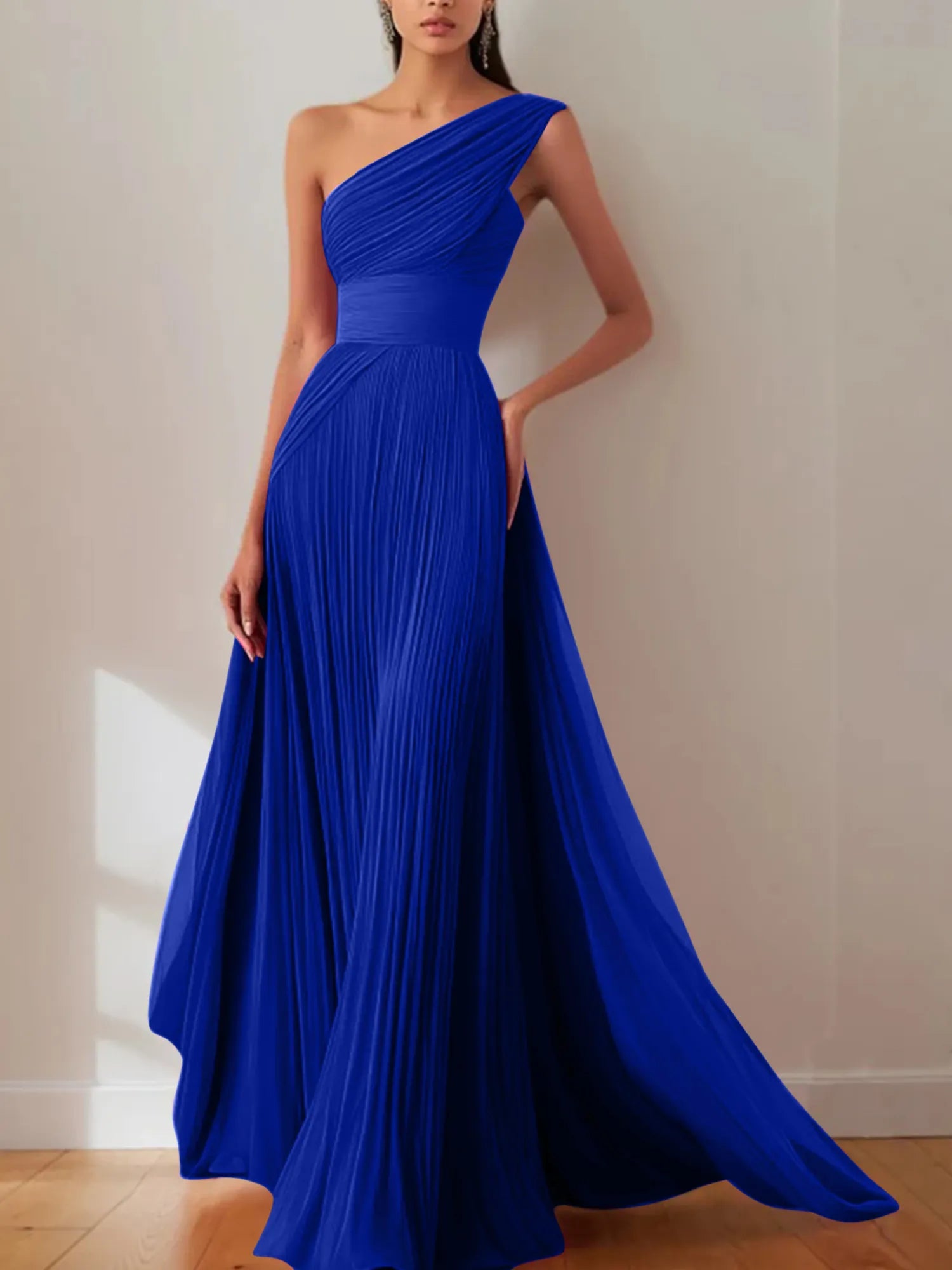 Prom Formal Pleated Dress Rose Color One-Shoulder Maxi Dress
