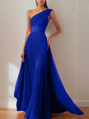Prom Formal Pleated Dress Rose Color One-Shoulder Maxi Dress