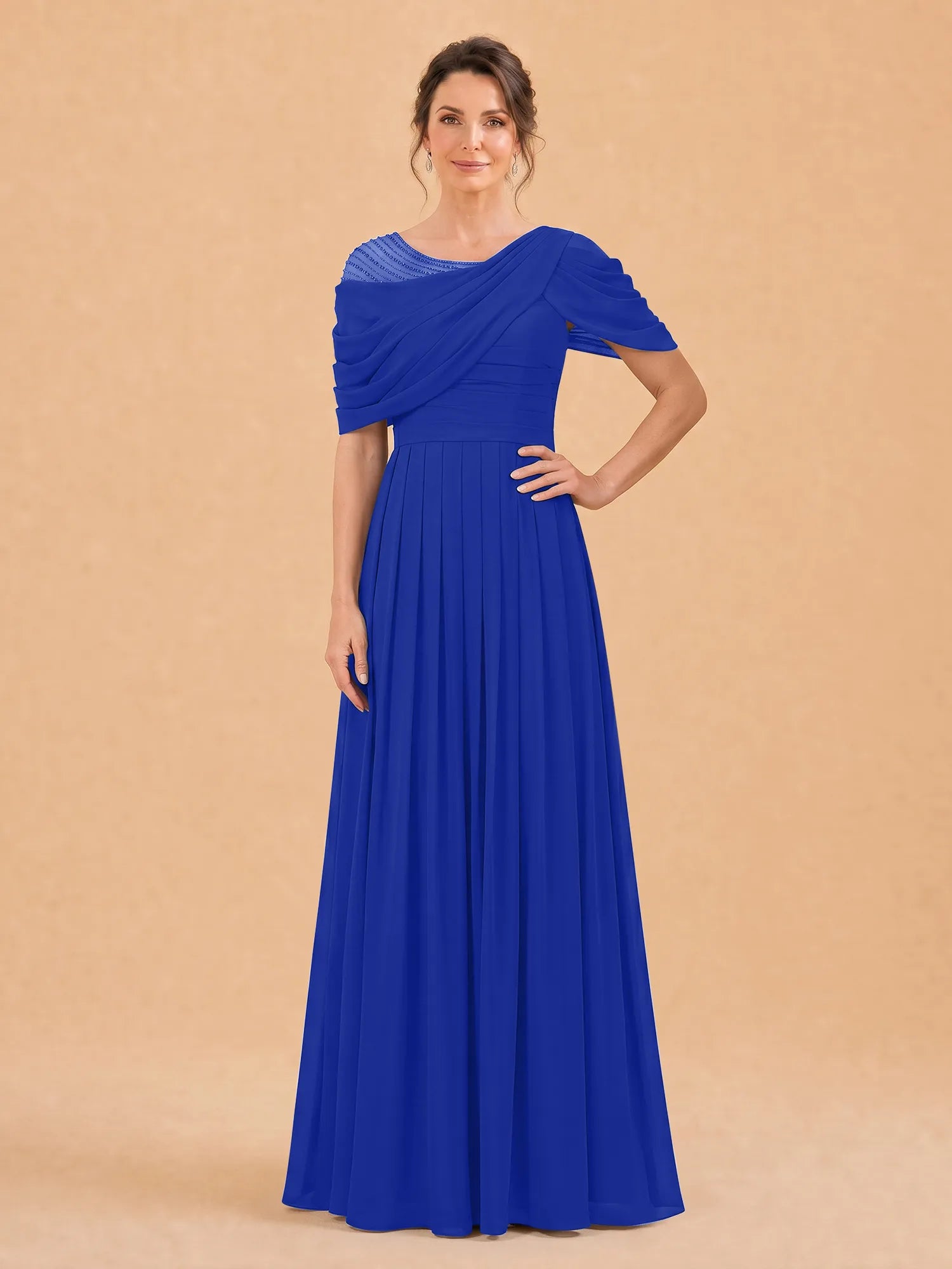 One-Shoulder Cape Overlay Chiffon Mother of the Bride Dress