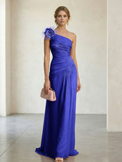 Blush Pink One-Shoulder Ruched 3D Floral Gown Dress