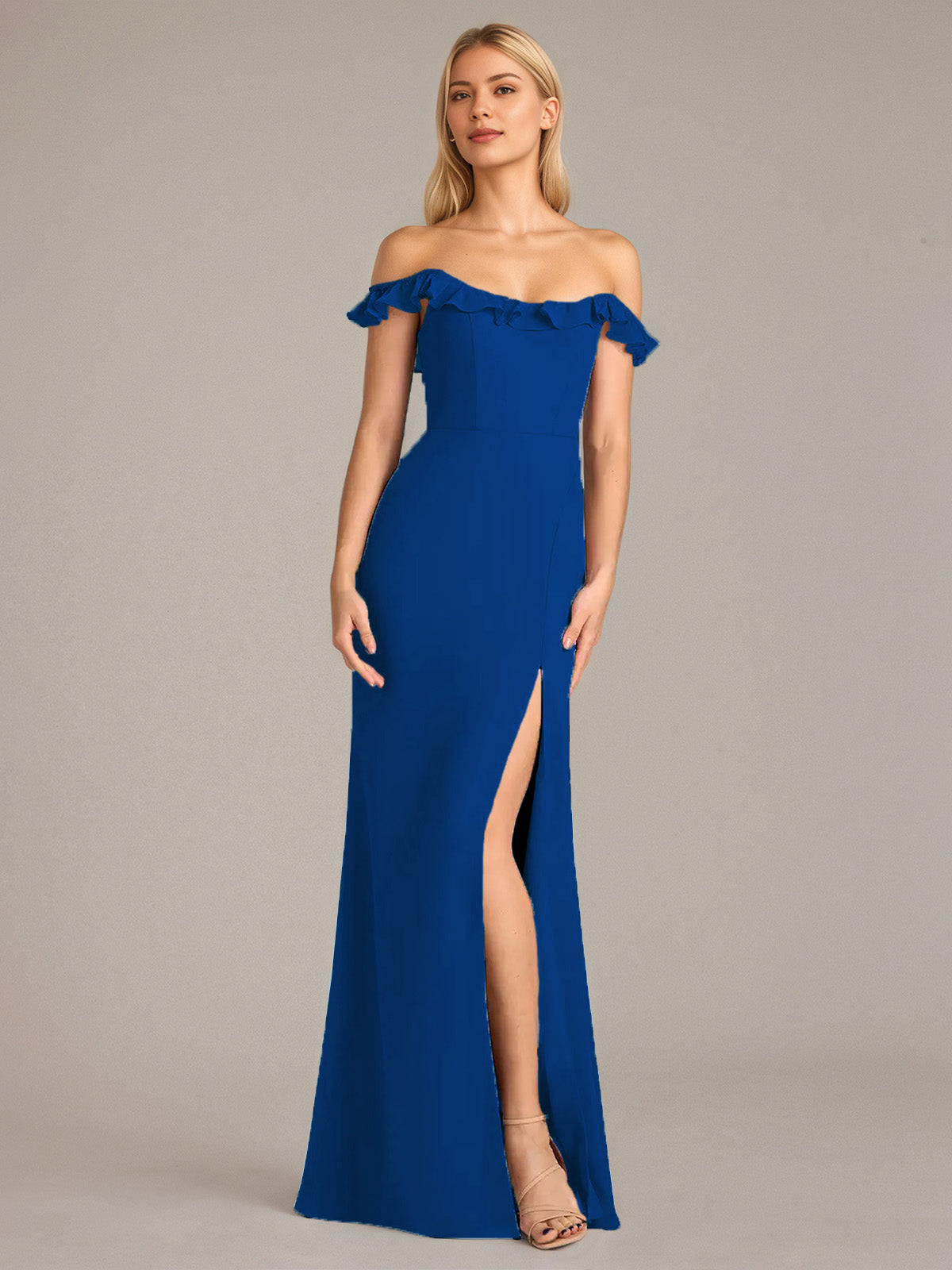 Column Chiffon Off The Shoulder Sleeveless Floor Length Dresses With Ruffles