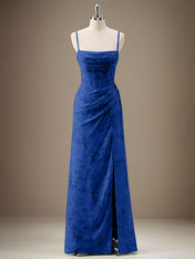 Black Sheath Spaghetti Straps Pleated Long Bridesmaid Dress with Slit