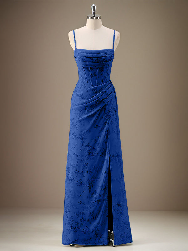 Black Sheath Spaghetti Straps Pleated Long Bridesmaid Dress with Slit