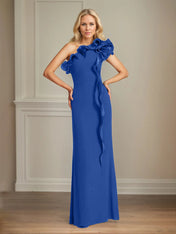 Navy Stretch Crepe Sheath/Column One Shoulder Floor Length Mother of the Bride Dresses With Ruffles