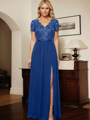 A-Line V-Neck Chiffon Appliques Sequins Mother Of The Bride Dress With Slit