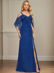Sheath/Column Cold Shoulder V-Neck Floor-Length Chiffon Dress With Cascading Ruffles Sequins Beading