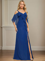 Sheath/Column Cold Shoulder V-Neck Floor-Length Chiffon Dress With Cascading Ruffles Sequins Beading