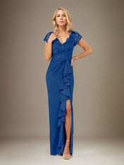 Sheath/Column V Neck Short Sleeve Floor Length Chiffon Dress With Cascading Ruffles
