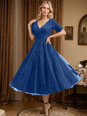 A-line V-Neck Tea-Length Tulle Lace Mother of the Bride Dress With Pleated