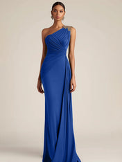 Formal Evening Dress Green One-Shoulder Ruched Floor-Length Dress