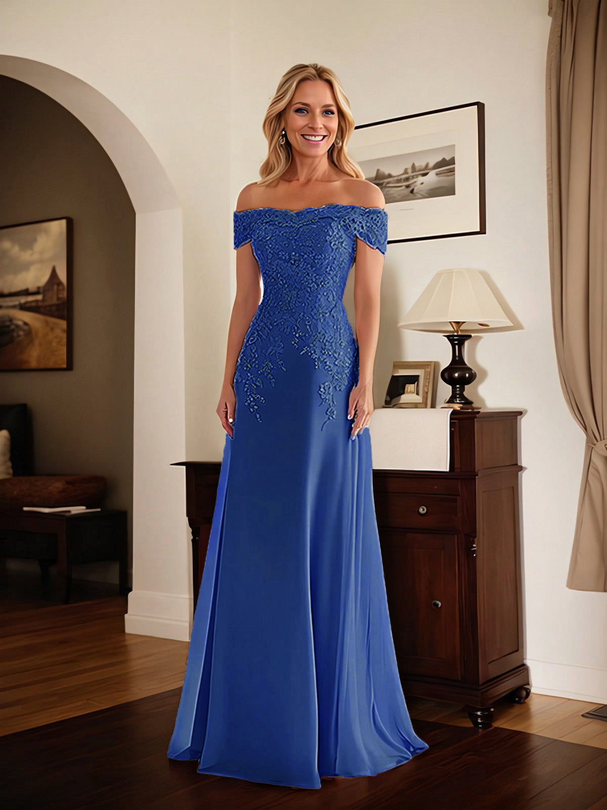 Elegant Taupe Off The Shoulder Sheath Mother of the Bride Dress with Lace