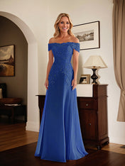 Elegant Taupe Off The Shoulder Sheath Mother of the Bride Dress with Lace