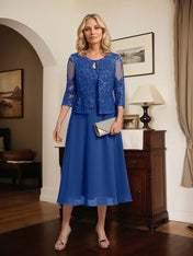 A-line Scoop Tea-Length Lace Chiffon Mother of the Bride Dress With Sequins