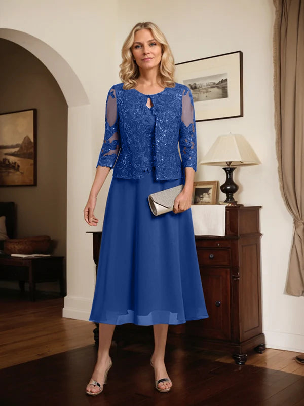 A-line Scoop Tea-Length Lace Chiffon Mother of the Bride Dress With Sequins