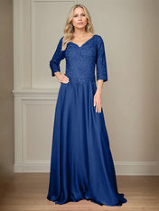A Line Chiffon V Neck 3/4 Sleeves Floor-Length Mother Of The Bride Dress With Appliques