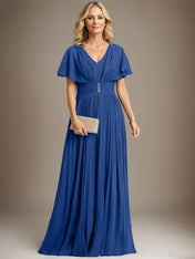 A-line V-Neck Floor-Length Chiffon Mother of the Bride Dress With Crystal Brooch Pleated