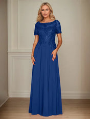 A Line Chiffon Boat Neck Short Sleeves Floor Length Mother of the Bride Dresses