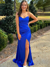 Black Mermaid Strapless V-Neck Satin Pleated Long Prom Dress with Slit