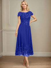 A-line Illusion Scoop Tea-Length Lace Chiffon Mother of the Bride Dress With Sequins