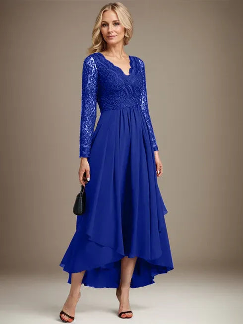 A-line V-Neck Asymmetrical Lace Chiffon Mother of the Bride Dress