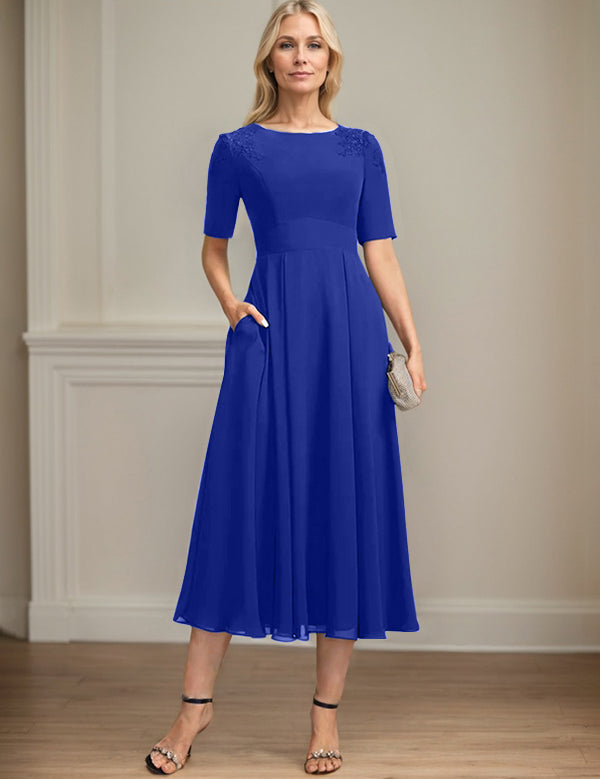 A-line Scoop Tea-Length Chiffon Mother of the Bride Dress With Appliques Lace Sequins