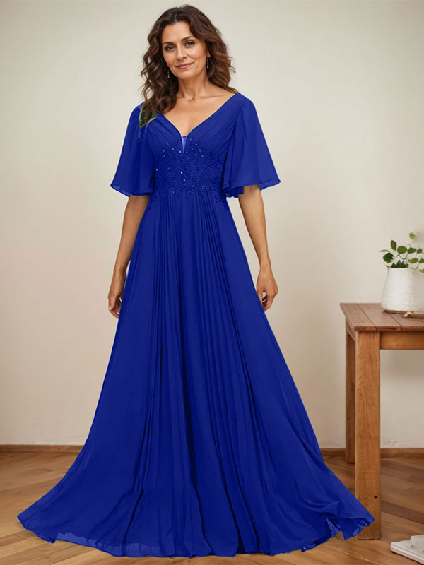 Dreamylily A-line V-Neck Floor-Length Chiffon Mother of the Bride Dress With Sequins Appliques Lace Pleated Dreamylily A-line V-Neck Floor-Length Chiffon Mother of the Bride Dress With Sequins Appliques Lace Pleated