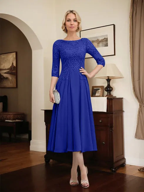 A-line Scoop Illusion Tea-Length Chiffon Lace Mother of the Bride Dress With Beading Sequins