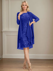 Sheath/Column Scoop Illusion Knee-Length Lace Chiffon Mother of the Bride Dress With Cascading Ruffles Sequins